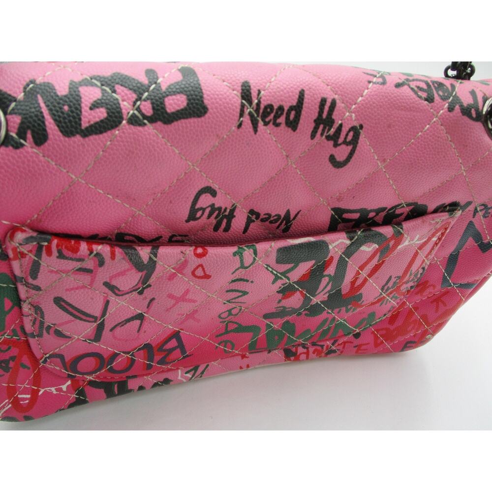Pink Graffiti Print Quilted Flap Bag Black Chain Strap - Picture 4 of 11